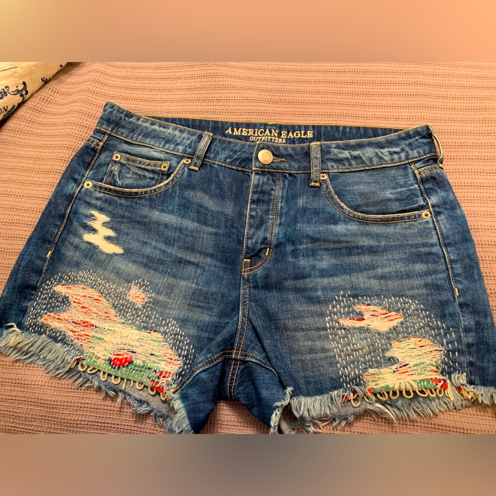 American Eagle 🦅 Outfitters Up cycled Jeans Shorts Hand made Sashiko stitched